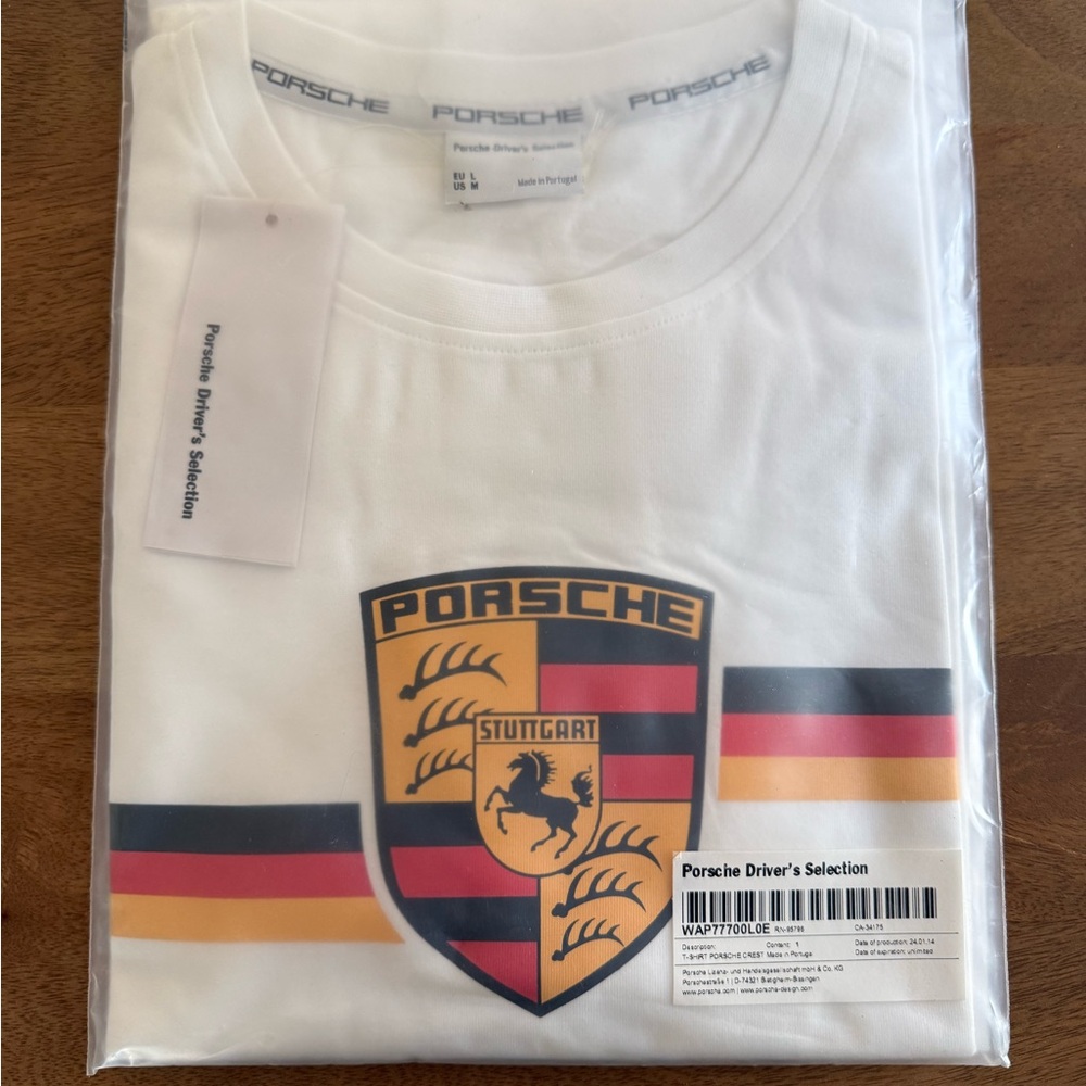 Porsche Design White T-Shirt with Stuttgart Crest and German Flag